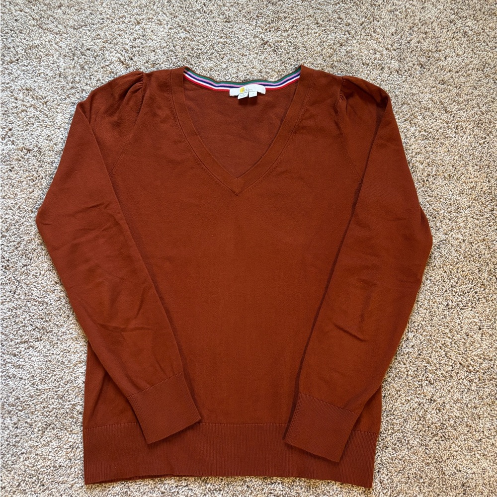 Boden Rust Orange Puff Sleeve V-Neck Sweater, Size Small